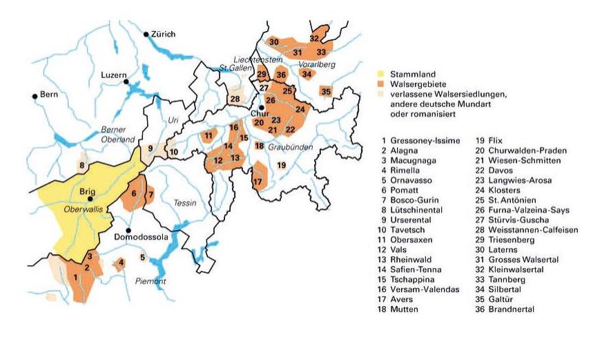 Cartina della diffusione delle colonie Walser